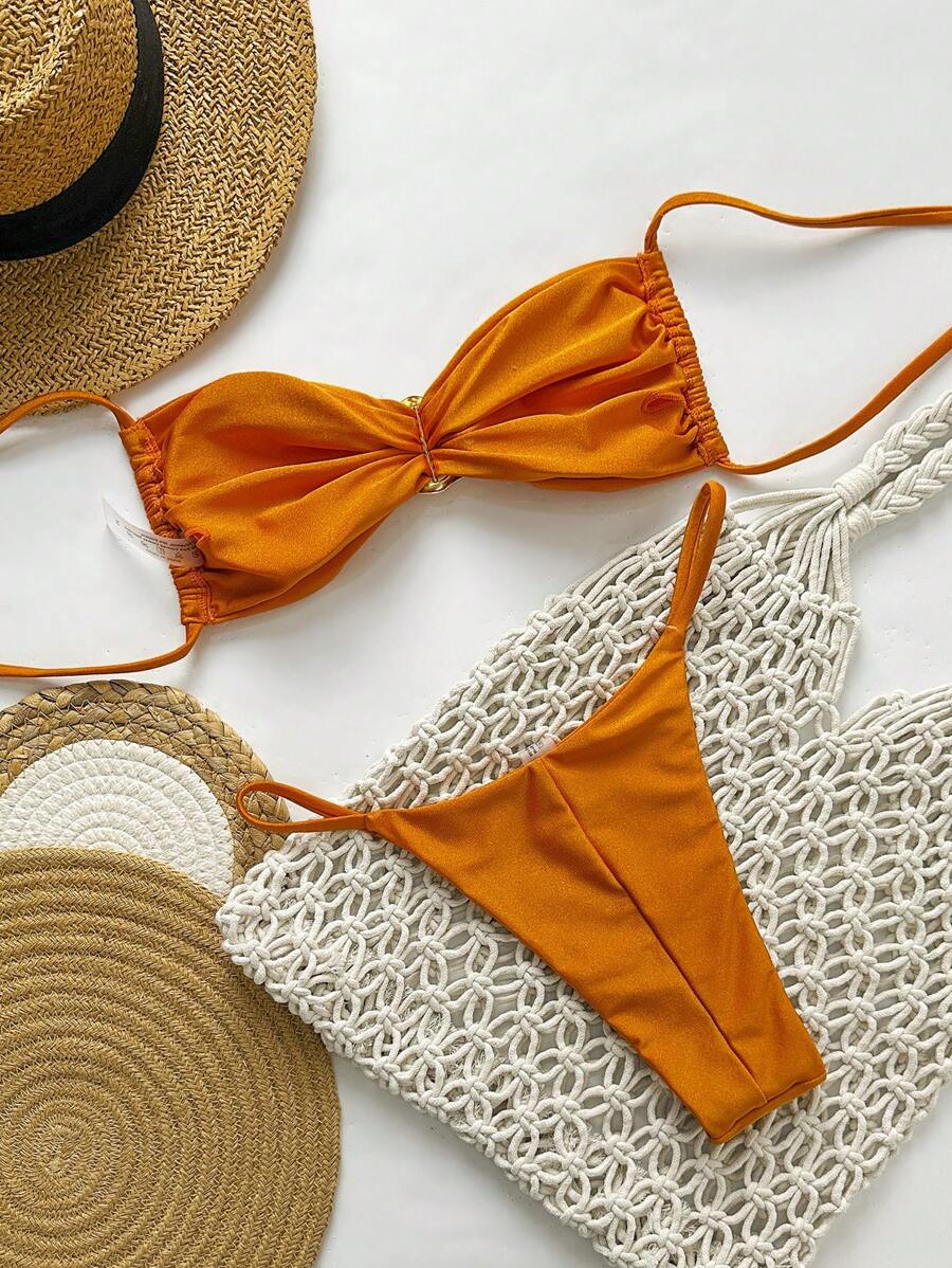 Pembe Straplez Bağcıklı Metal Detaylı Bikini Takımı