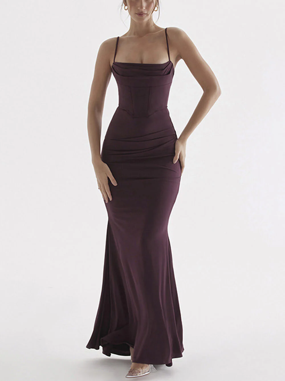 Kare Yakalı Büzgülü Korse Balık Kuyruğu Abiye Uzun Elbise