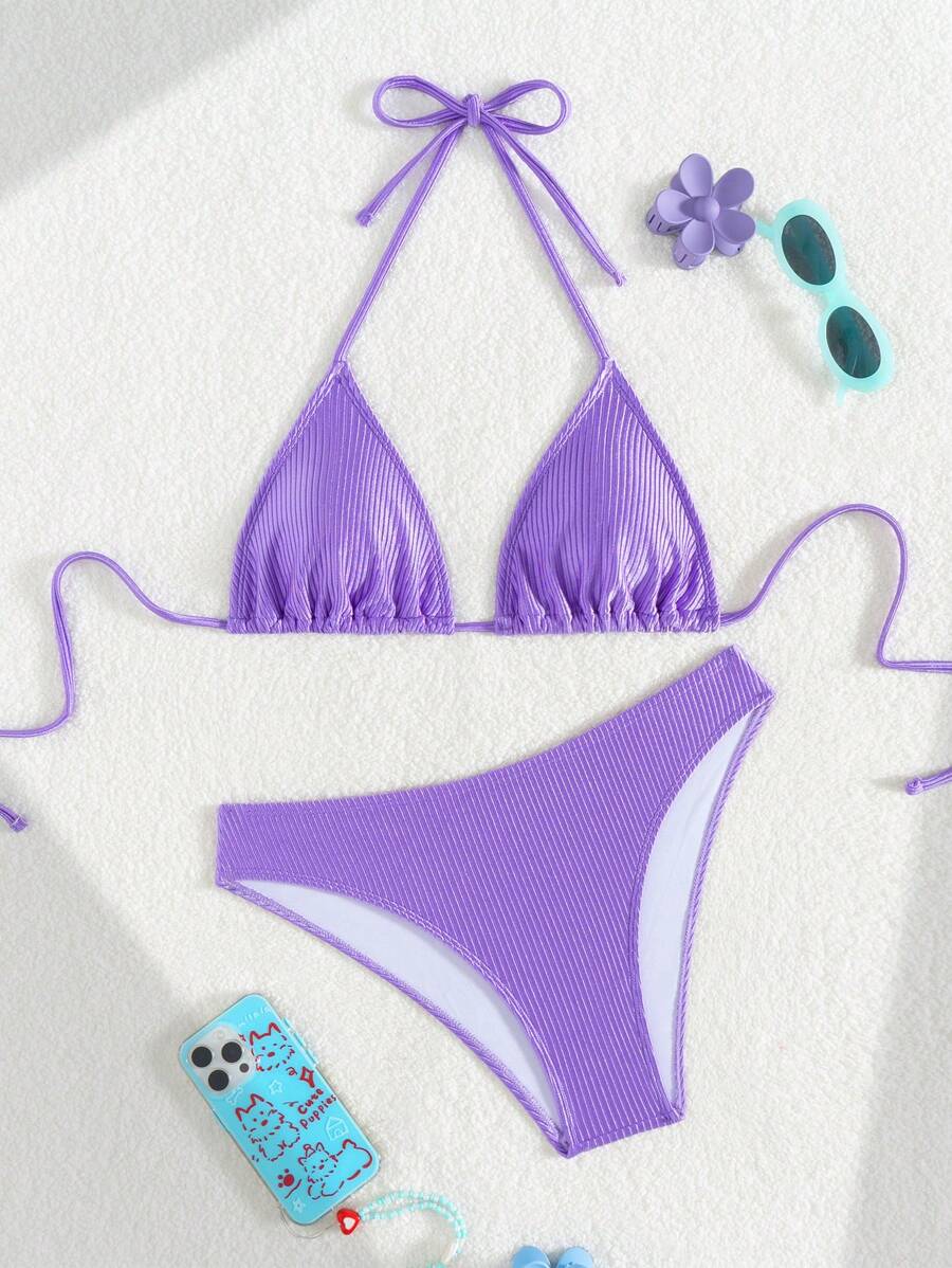Çiçek Desenli Halter Bağcıklı Bikini Takımı