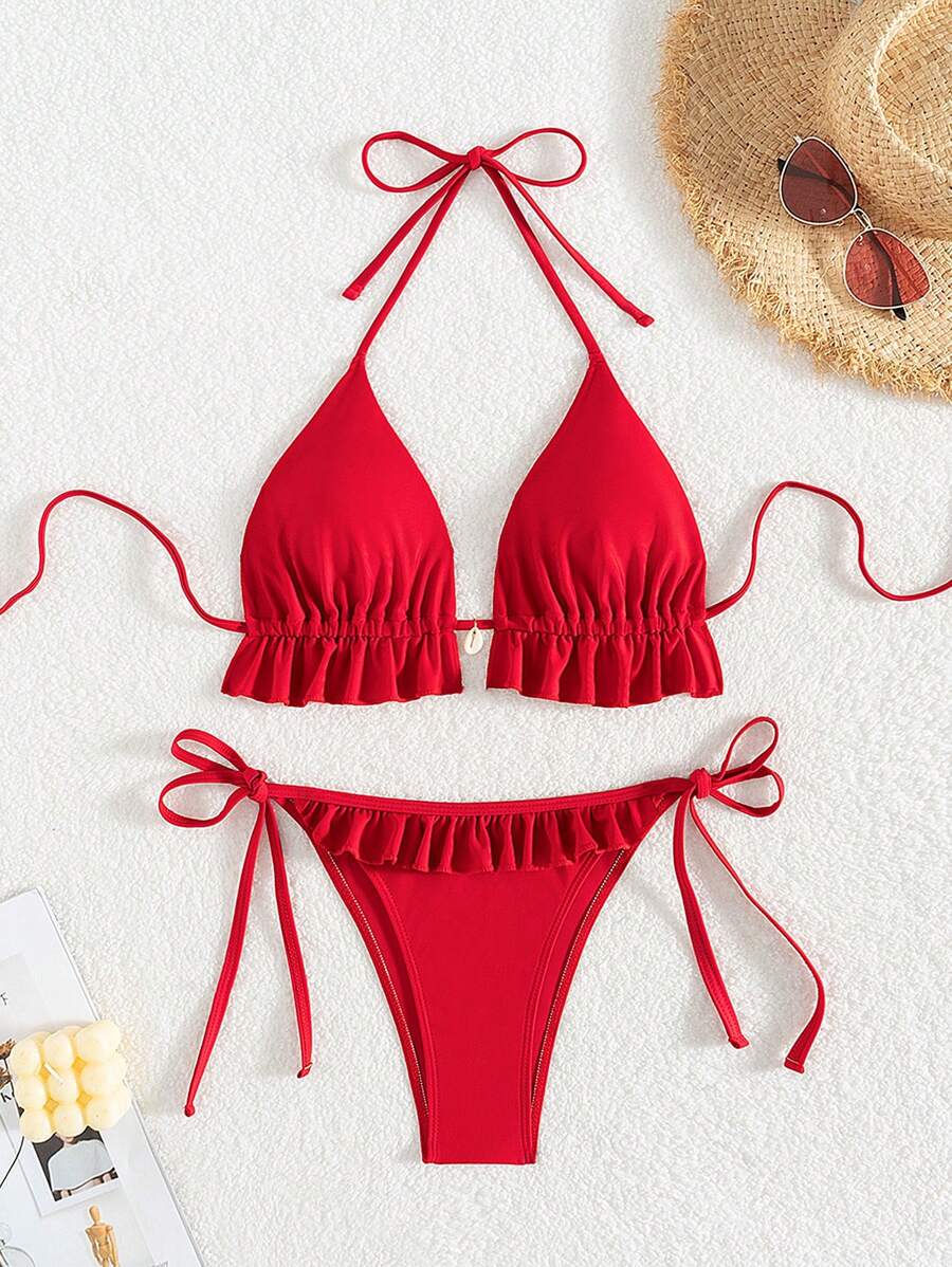 Fırfırlı Askılı Kırmızı Bikini Takımı