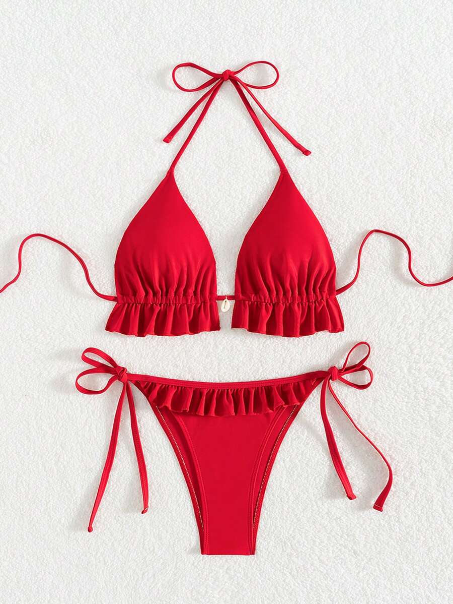 Fırfırlı Askılı Kırmızı Bikini Takımı