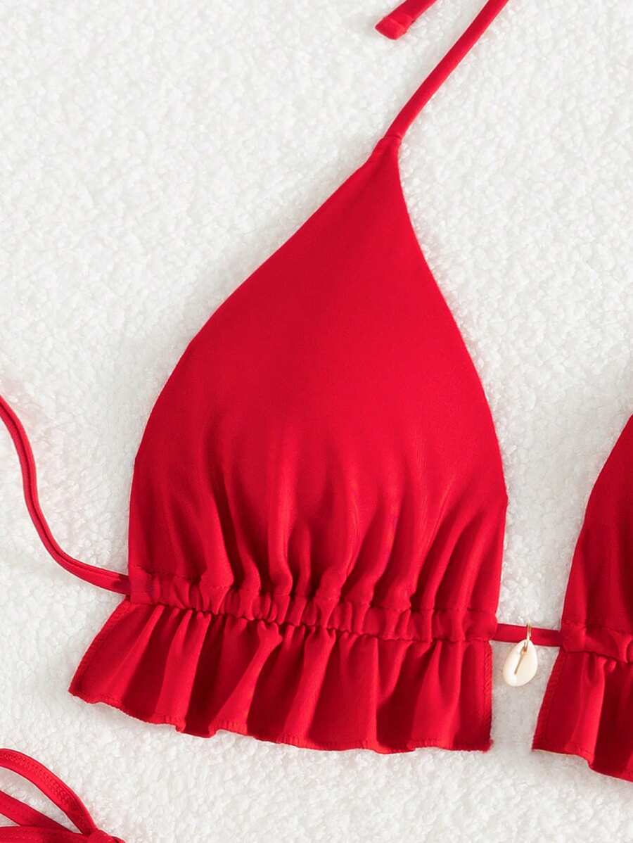 Fırfırlı Askılı Kırmızı Bikini Takımı