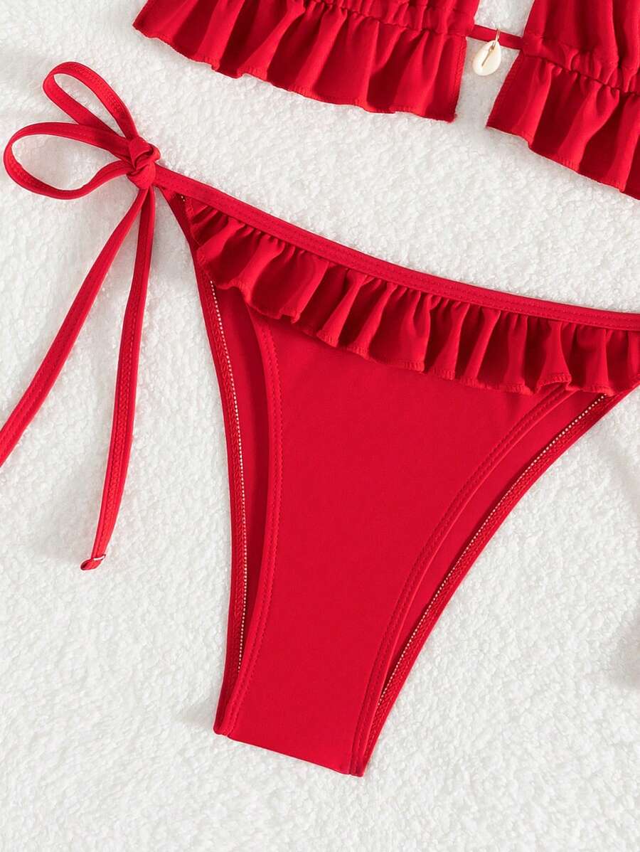 Fırfırlı Askılı Kırmızı Bikini Takımı