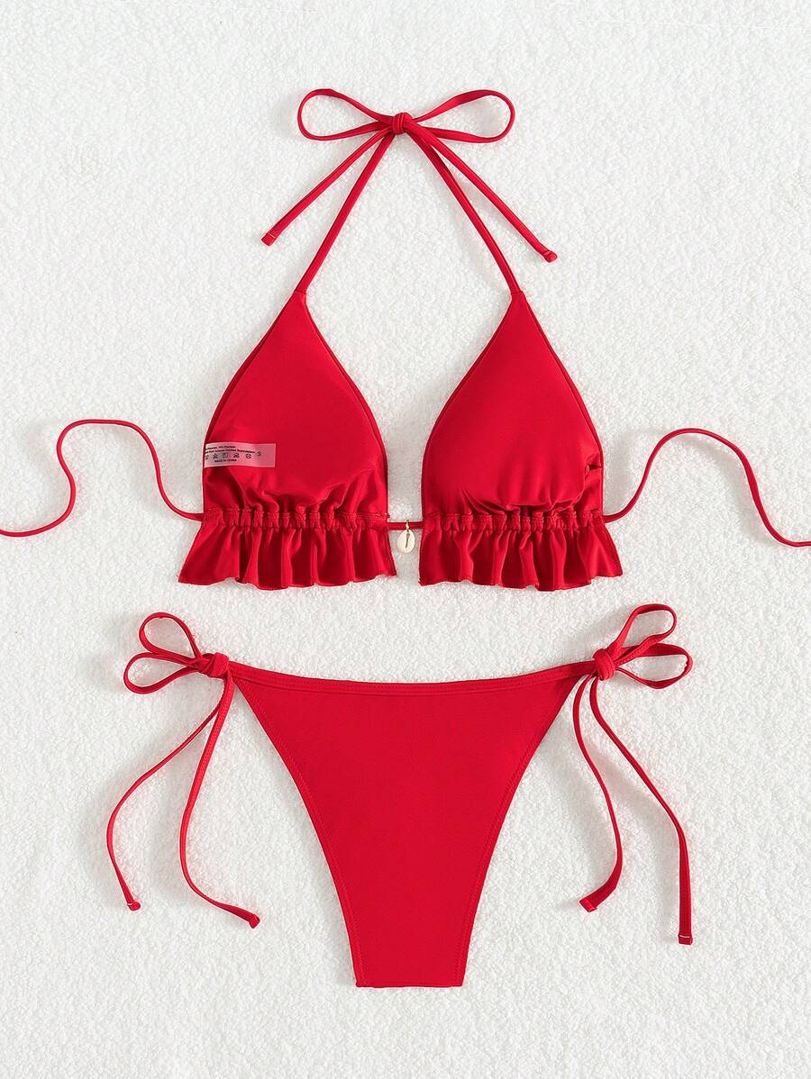 Fırfırlı Askılı Kırmızı Bikini Takımı