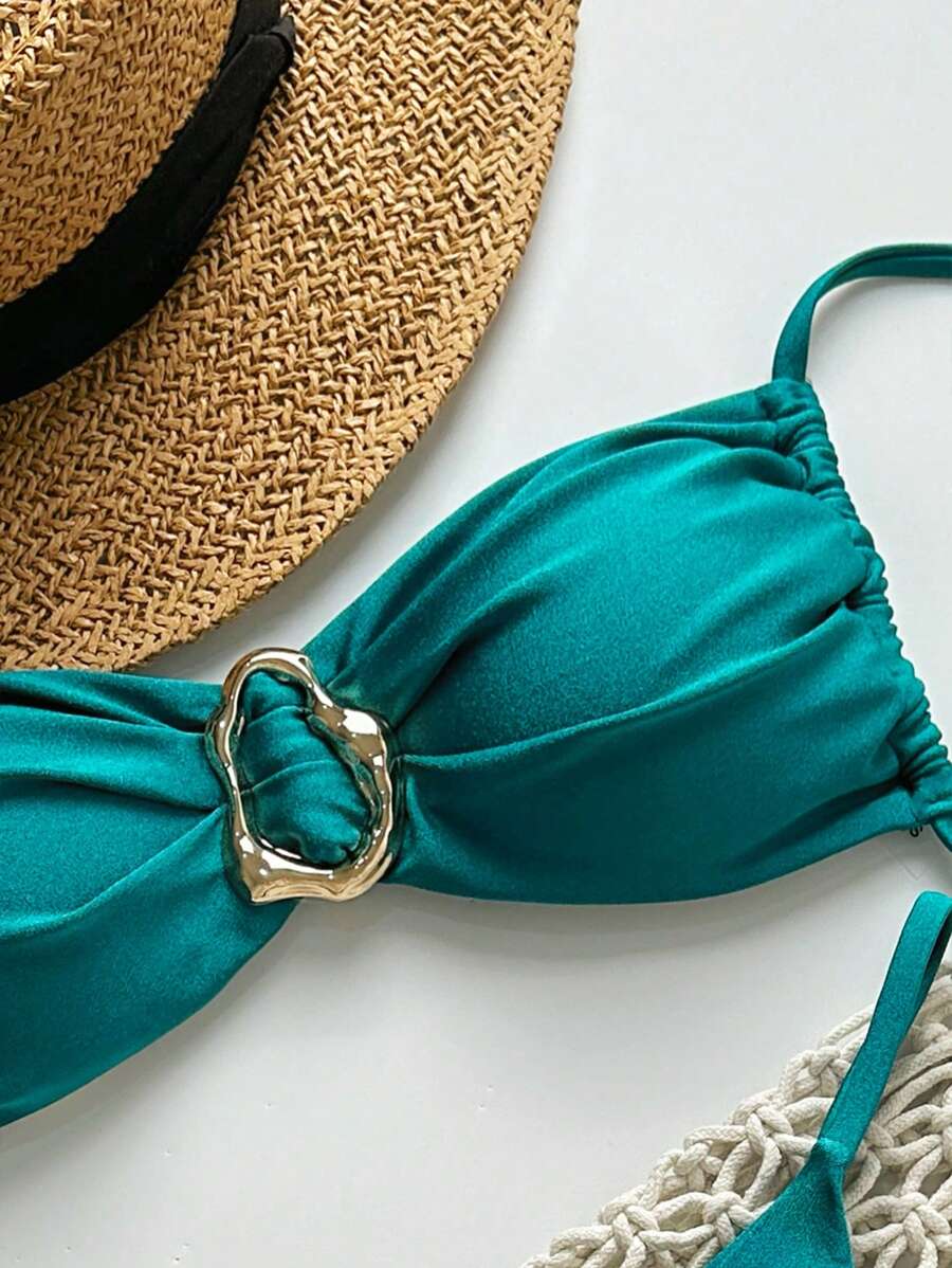 Pembe Straplez Bağcıklı Metal Detaylı Bikini Takımı