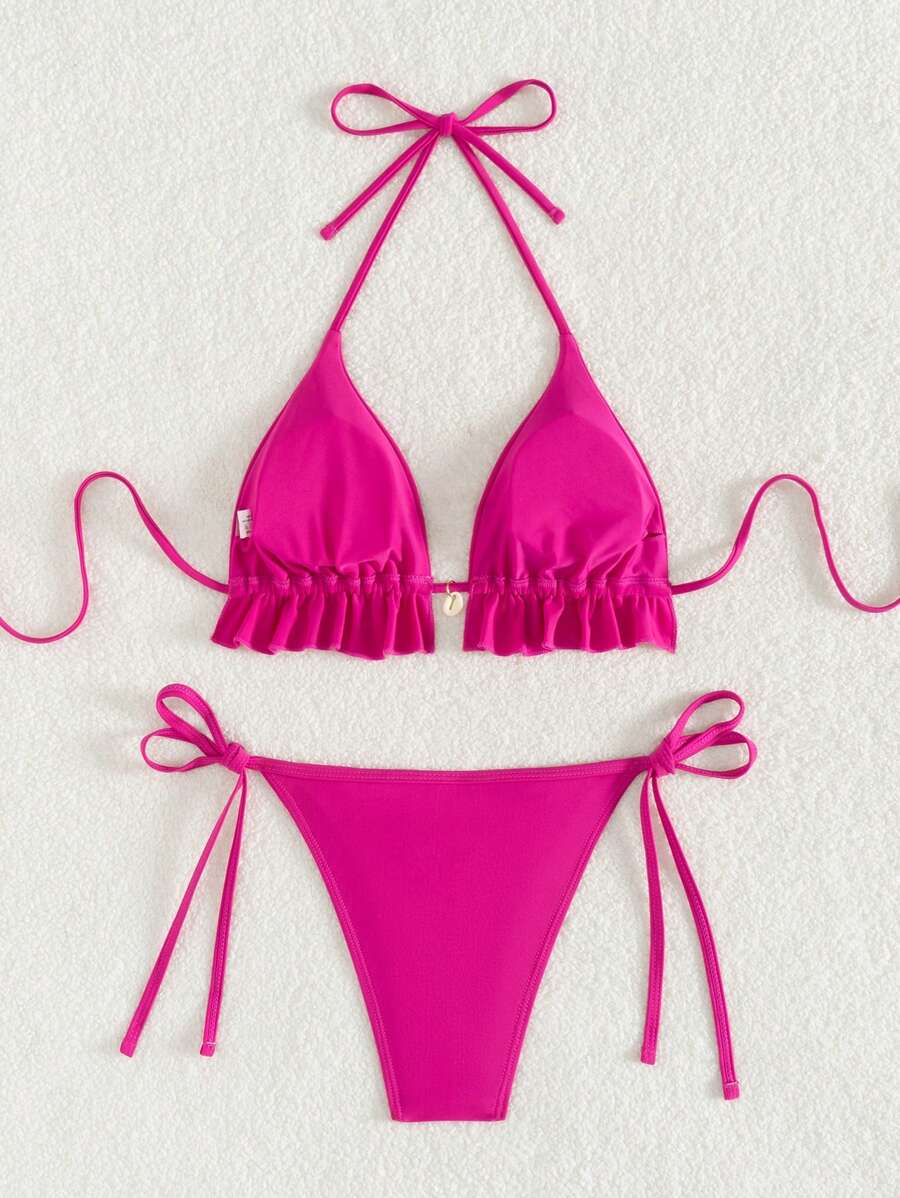 Fırfırlı Askılı Kırmızı Bikini Takımı
