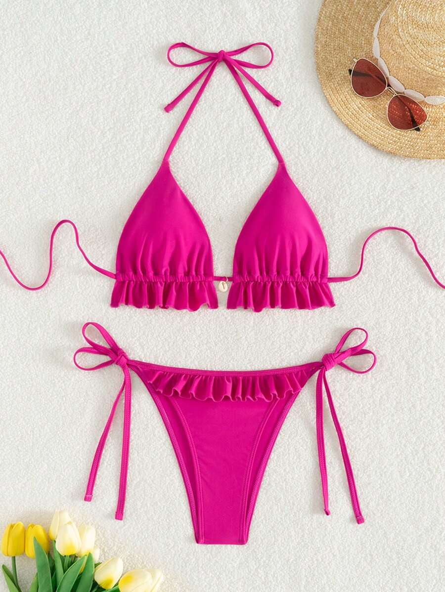 Fırfırlı Askılı Kırmızı Bikini Takımı