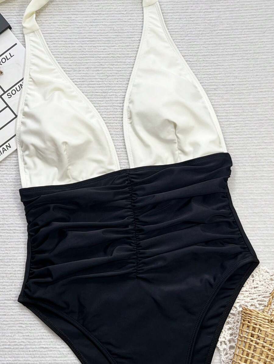 Halter Yaka Sade Tek Parça Mayo