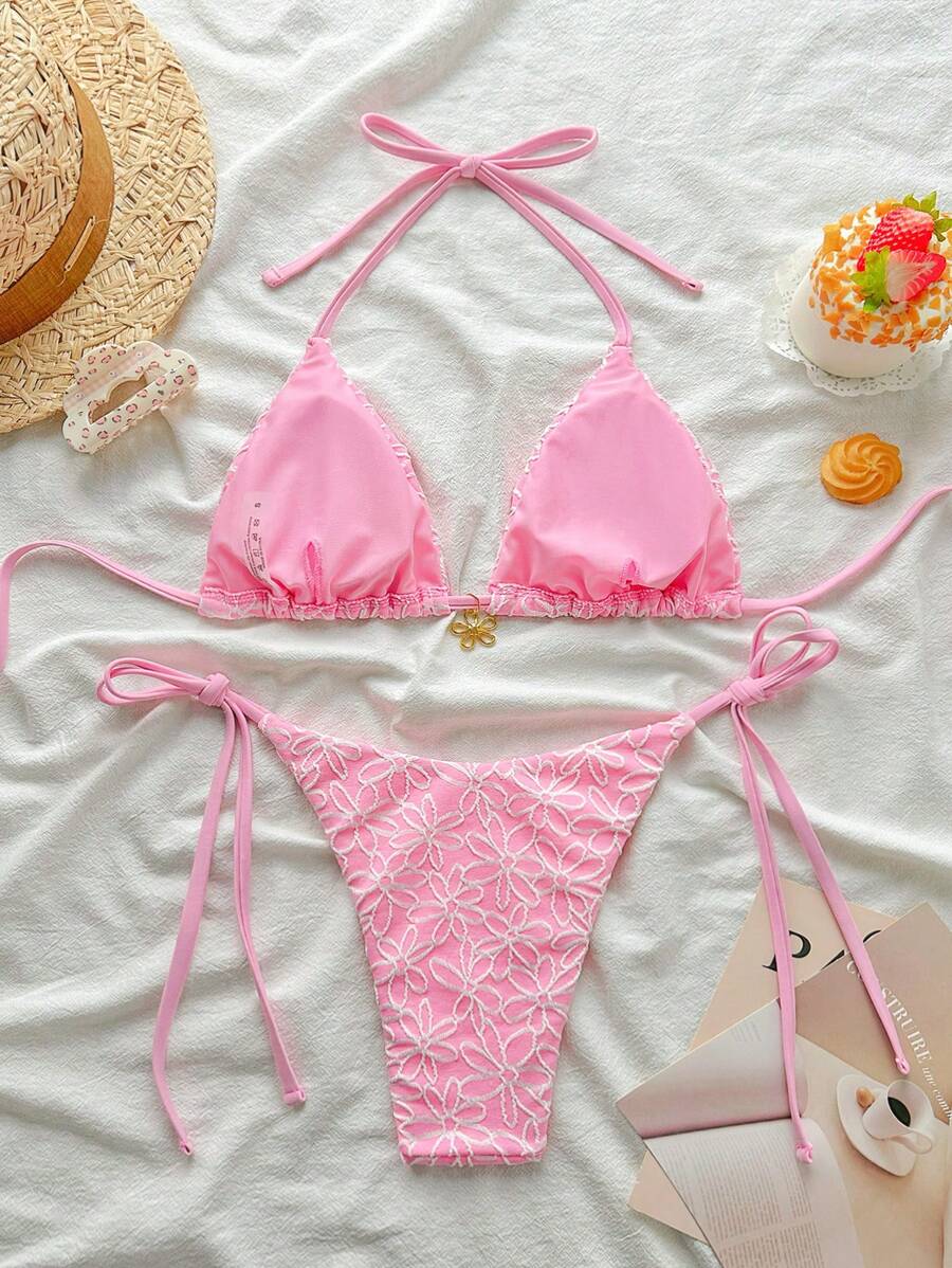 Çiçek Desenli Boyundan Bağlamalı Bikini Ve Bağcıklı Bikini Altı Takımı