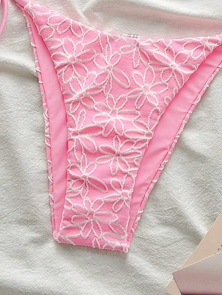Çiçek Desenli Boyundan Bağlamalı Bikini Ve Bağcıklı Bikini Altı Takımı