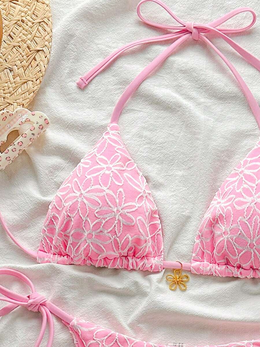 Çiçek Desenli Boyundan Bağlamalı Bikini Ve Bağcıklı Bikini Altı Takımı