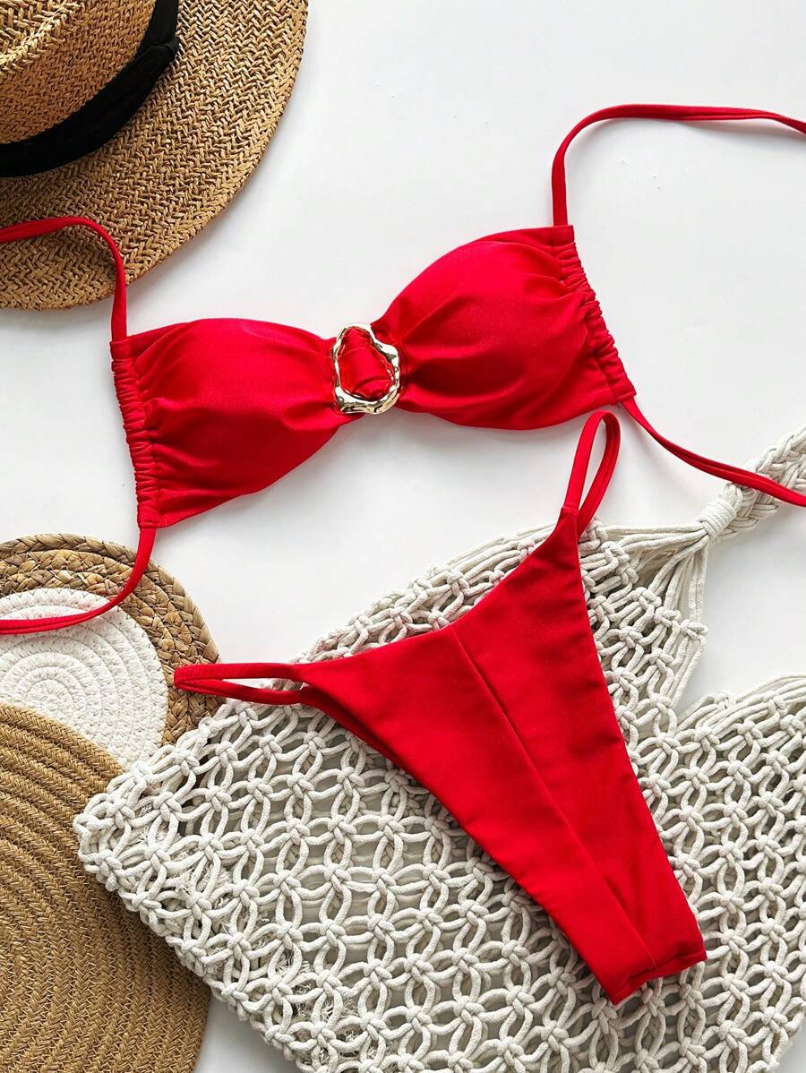 Pembe Straplez Bağcıklı Metal Detaylı Bikini Takımı