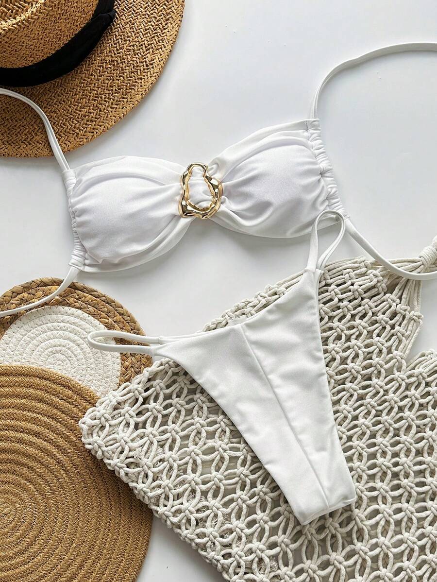 Pembe Straplez Bağcıklı Metal Detaylı Bikini Takımı