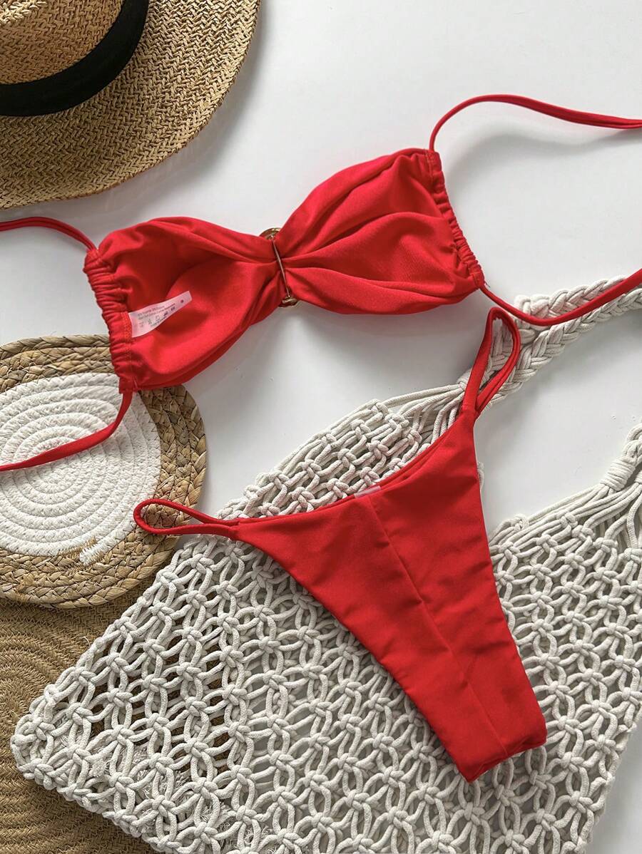 Pembe Straplez Bağcıklı Metal Detaylı Bikini Takımı