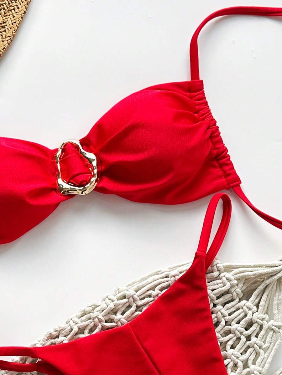 Pembe Straplez Bağcıklı Metal Detaylı Bikini Takımı