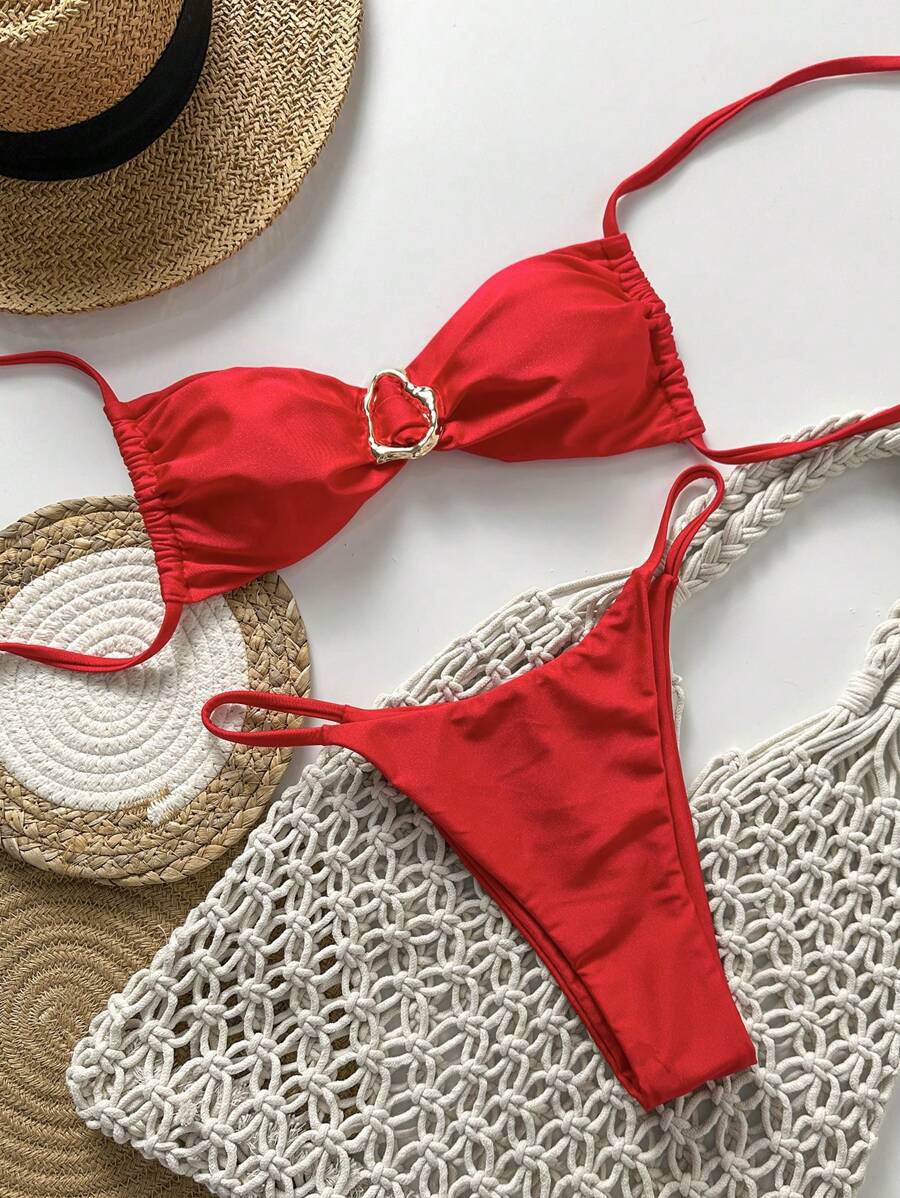 Pembe Straplez Bağcıklı Metal Detaylı Bikini Takımı