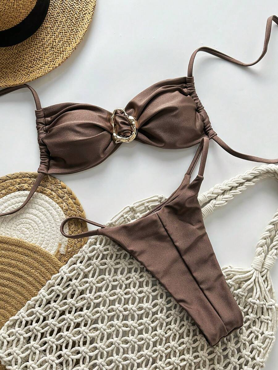 Pembe Straplez Bağcıklı Metal Detaylı Bikini Takımı