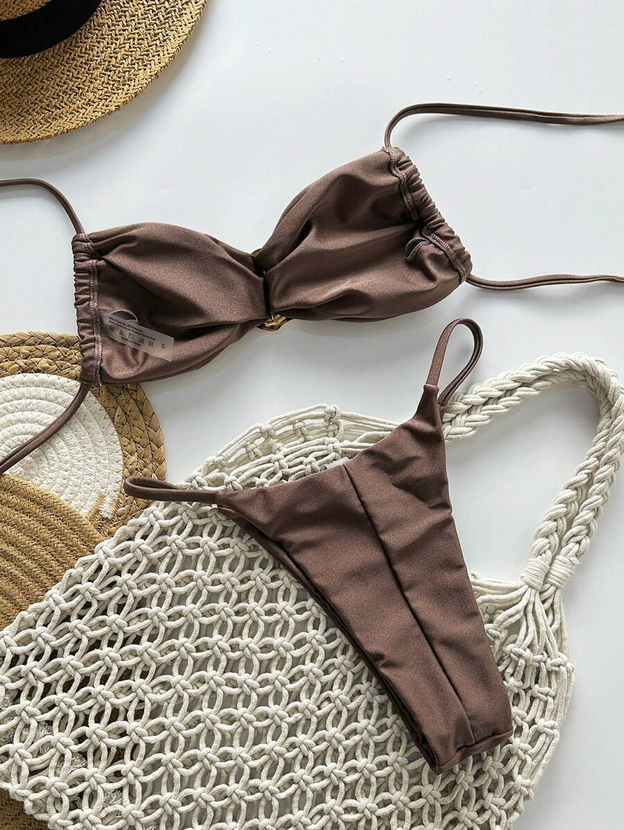 Pembe Straplez Bağcıklı Metal Detaylı Bikini Takımı