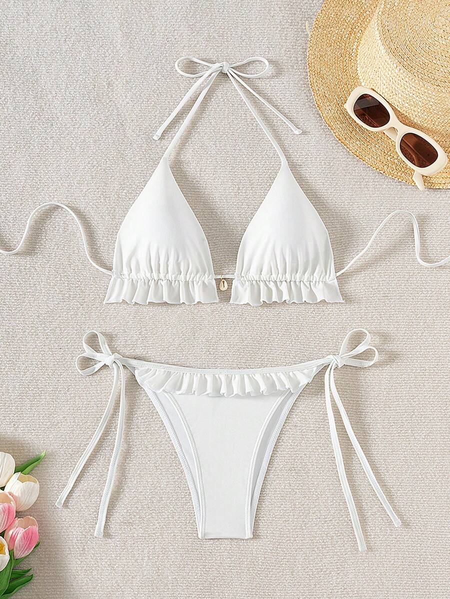 Fırfırlı Askılı Kırmızı Bikini Takımı