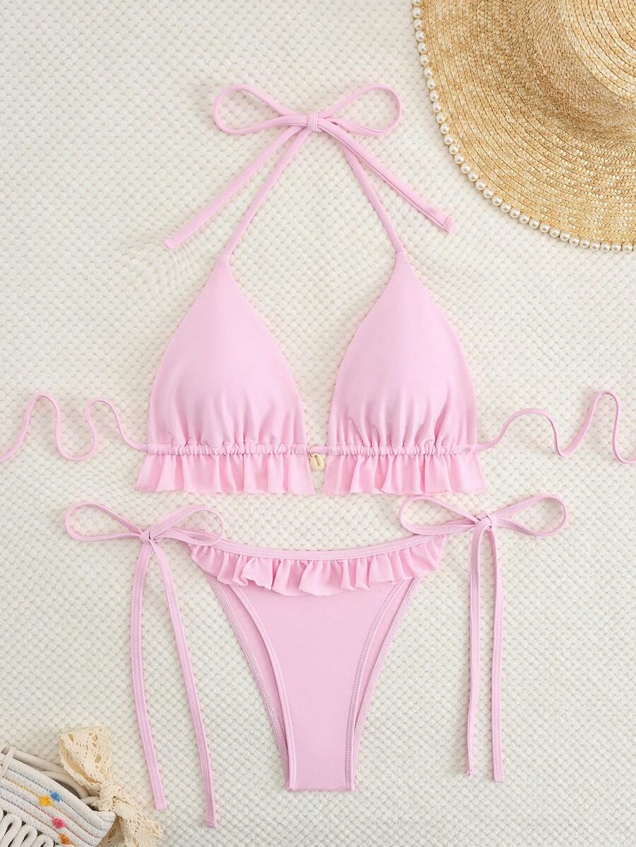 Fırfırlı Askılı Kırmızı Bikini Takımı