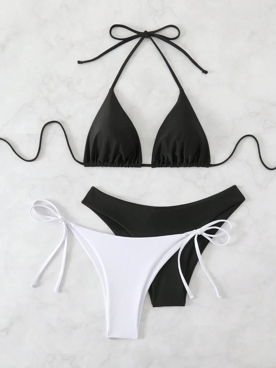 3 Parça Halter Üst + Üçgen Alt + Bağcıklı Şort Bikini Takımı