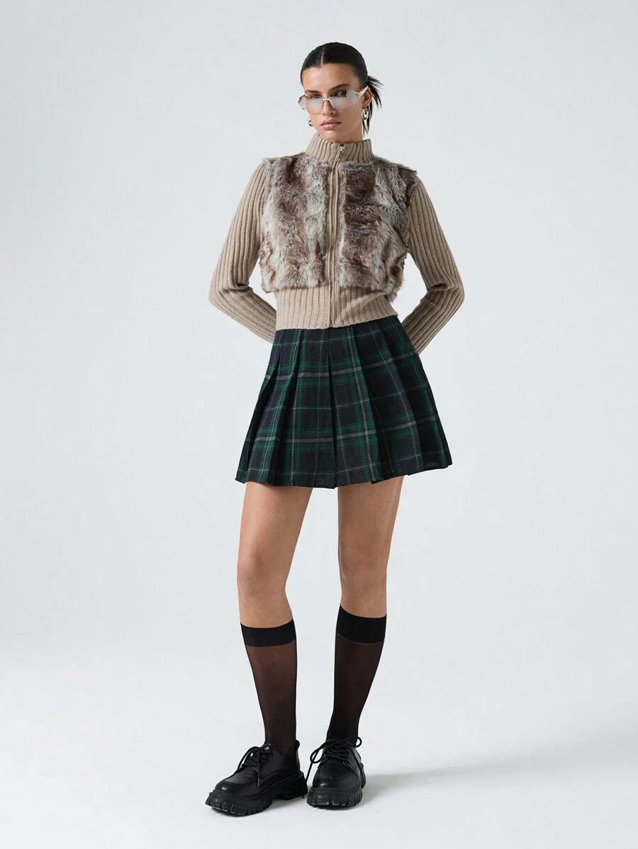 Tartan Fermuarlı Preppy Etek