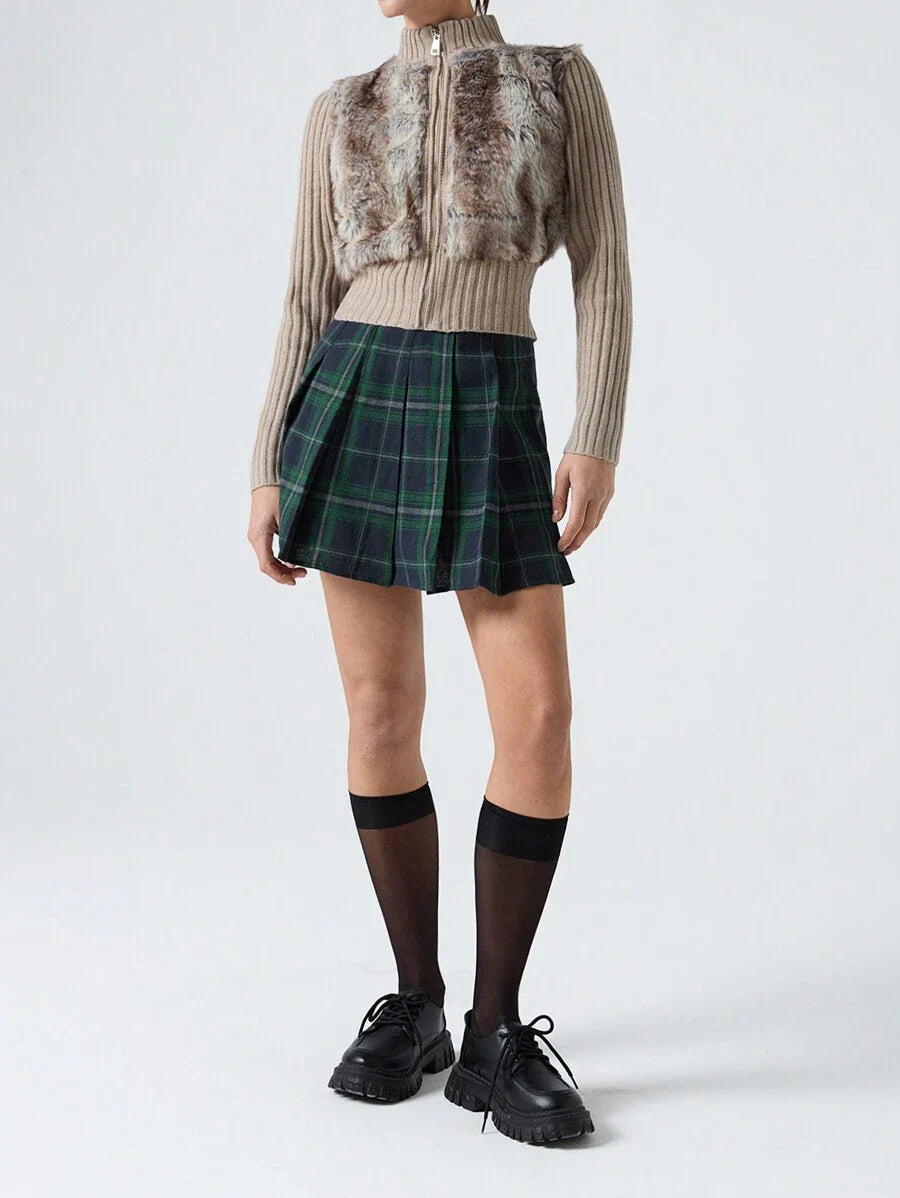 Tartan Fermuarlı Preppy Etek