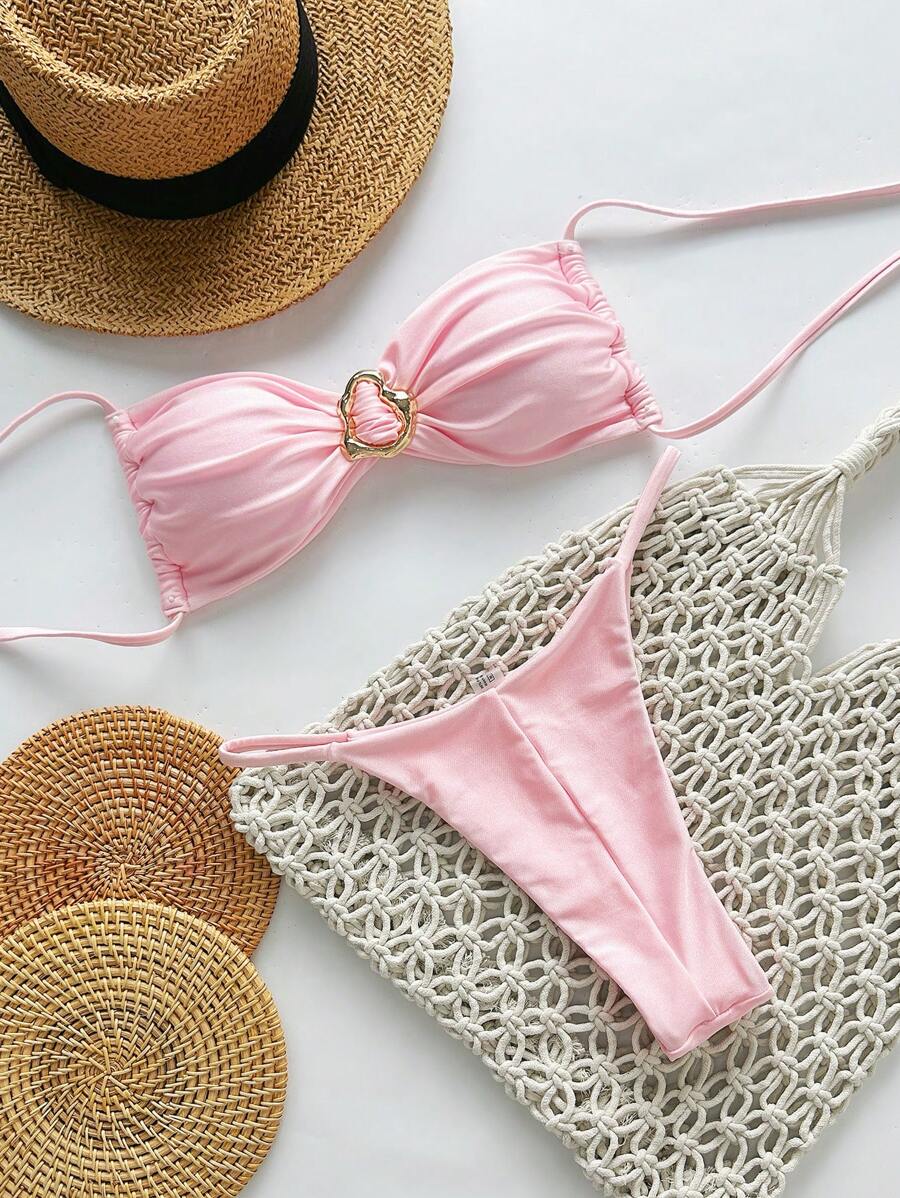 Pembe Straplez Bağcıklı Metal Detaylı Bikini Takımı