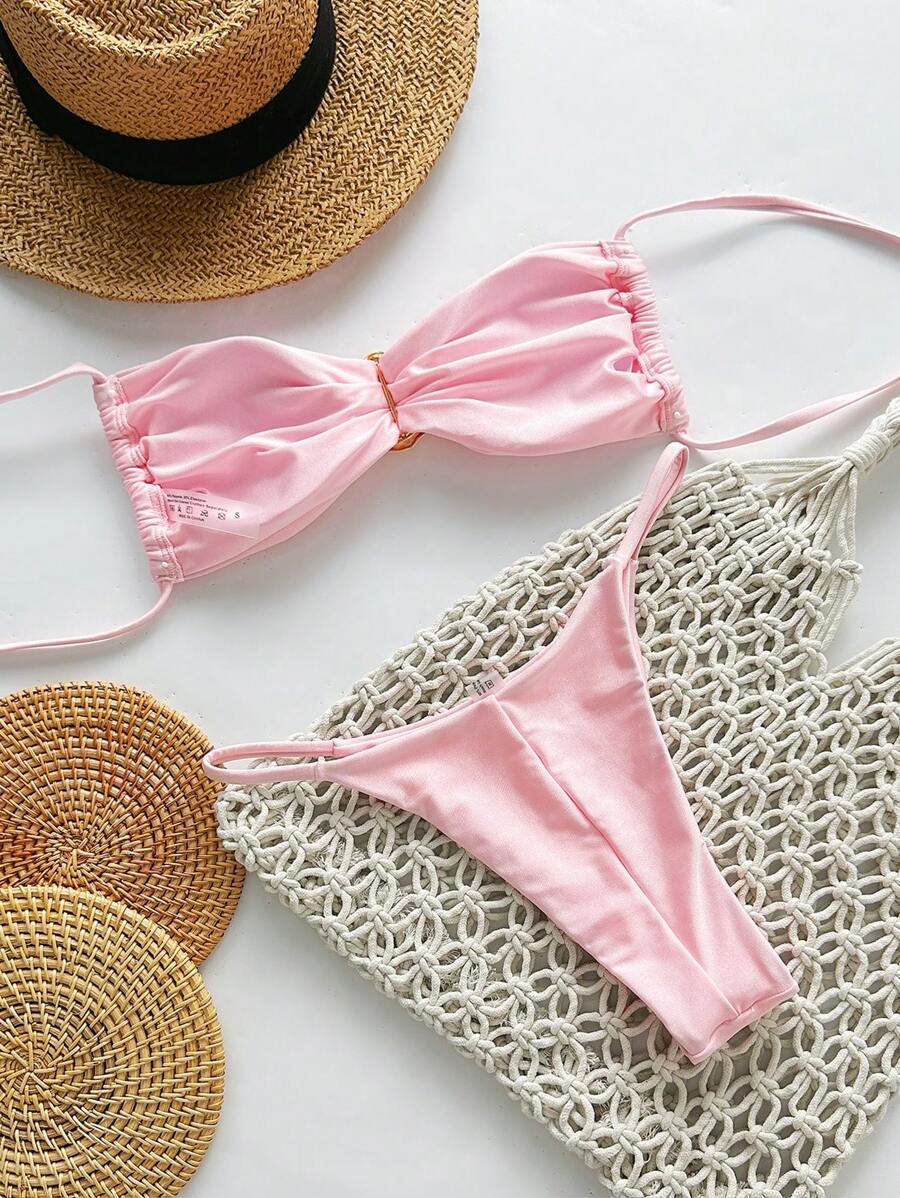 Pembe Straplez Bağcıklı Metal Detaylı Bikini Takımı