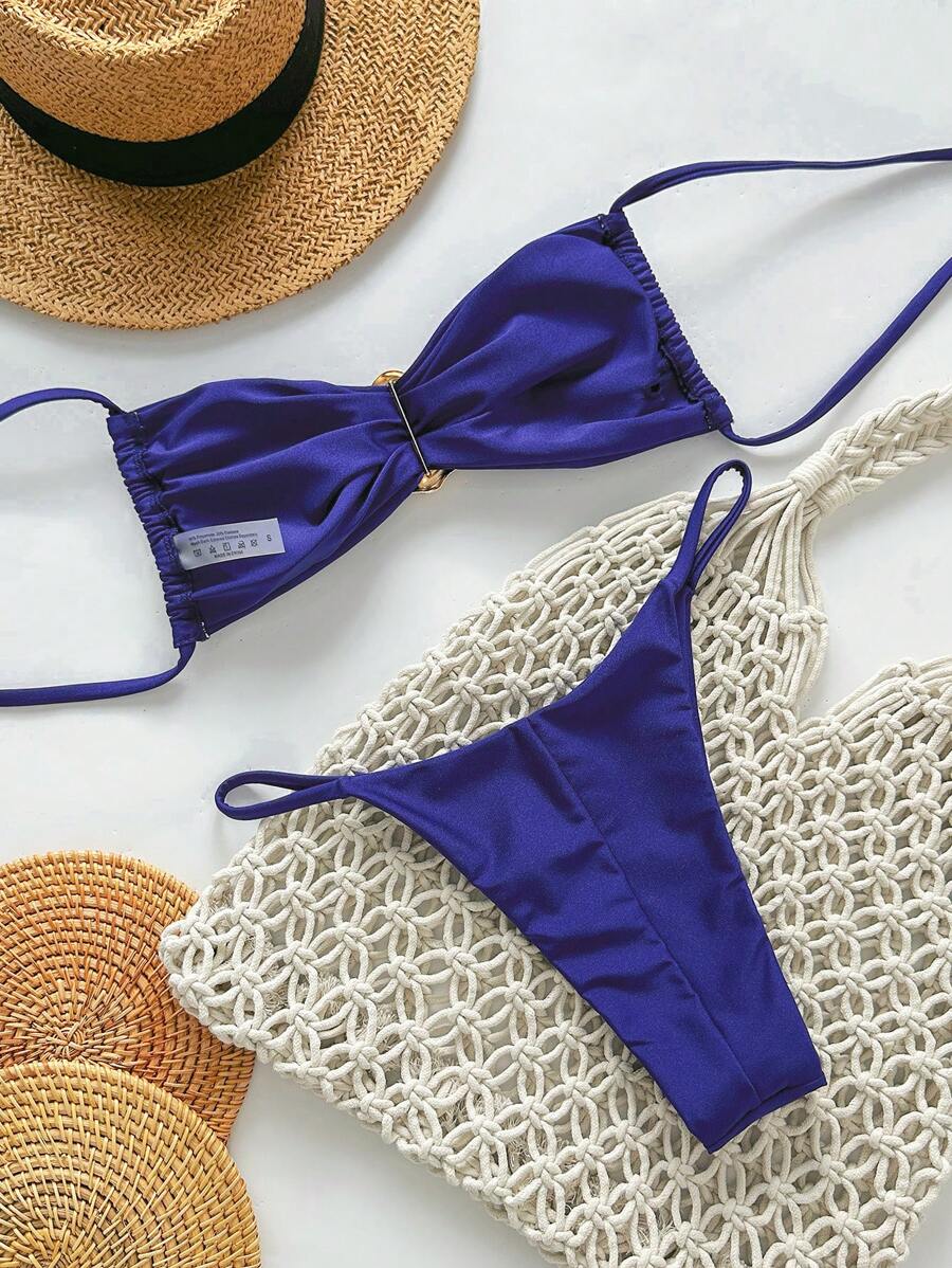 Pembe Straplez Bağcıklı Metal Detaylı Bikini Takımı