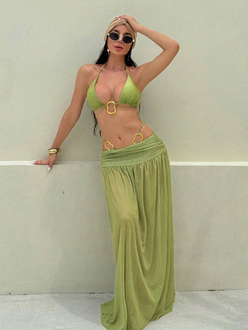 Parlak Kumaş Boyundan Bağlamalı Bikini, Asimetrik Halka Detaylı Uzun File Plaj Elbisesi