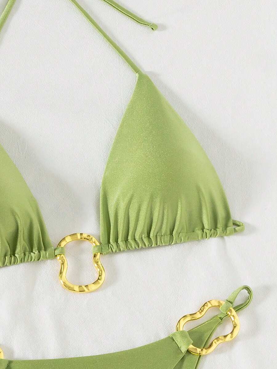 Parlak Kumaş Boyundan Bağlamalı Bikini, Asimetrik Halka Detaylı Uzun File Plaj Elbisesi