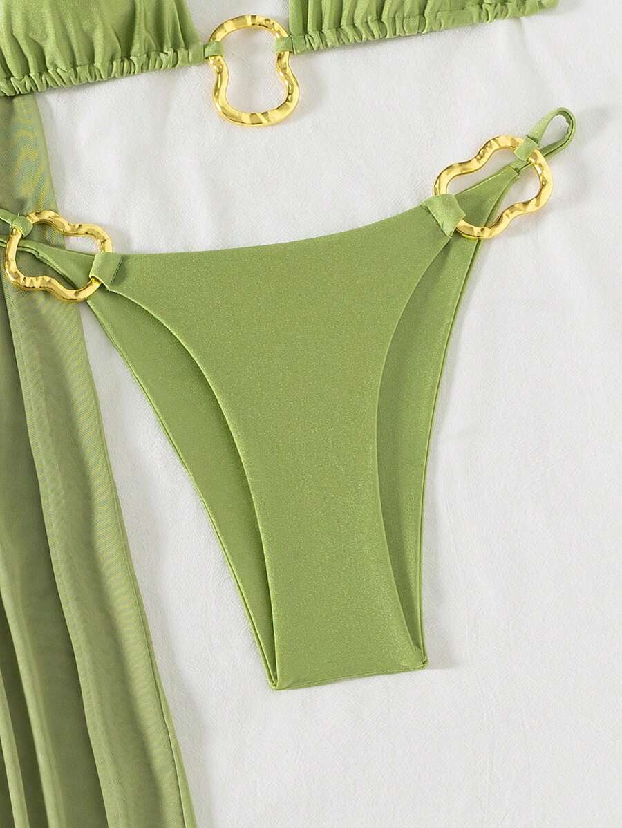 Parlak Kumaş Boyundan Bağlamalı Bikini, Asimetrik Halka Detaylı Uzun File Plaj Elbisesi
