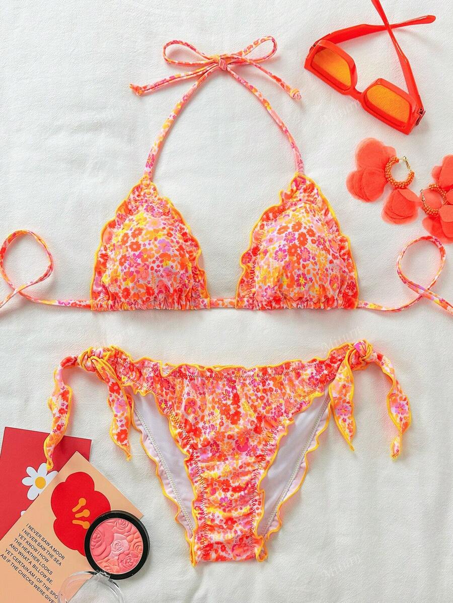 Çiçekli Dantel Pileli Bikini Takımı