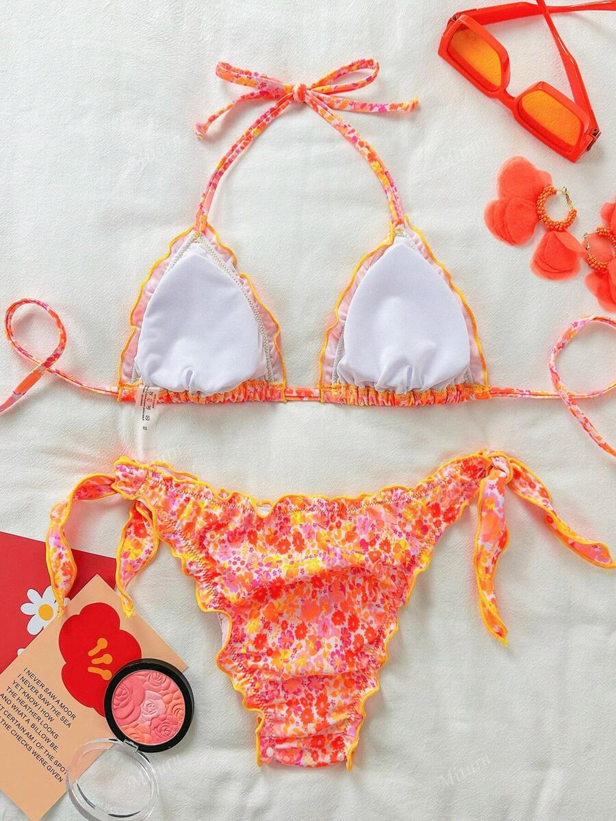 Çiçekli Dantel Pileli Bikini Takımı