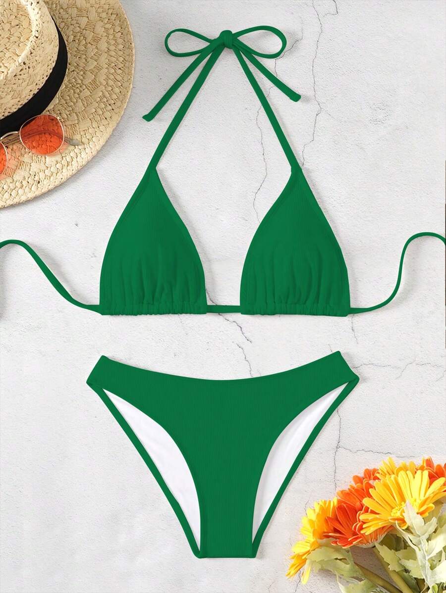 Çiçek Desenli Halter Bağcıklı Bikini Takımı