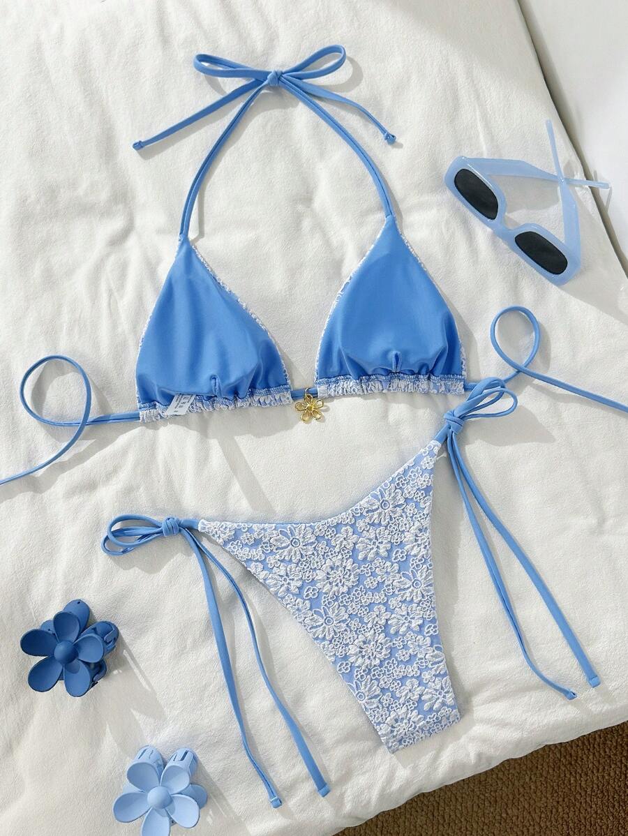 Altın Çiçek Desenli Üçgen Bikini Takımı