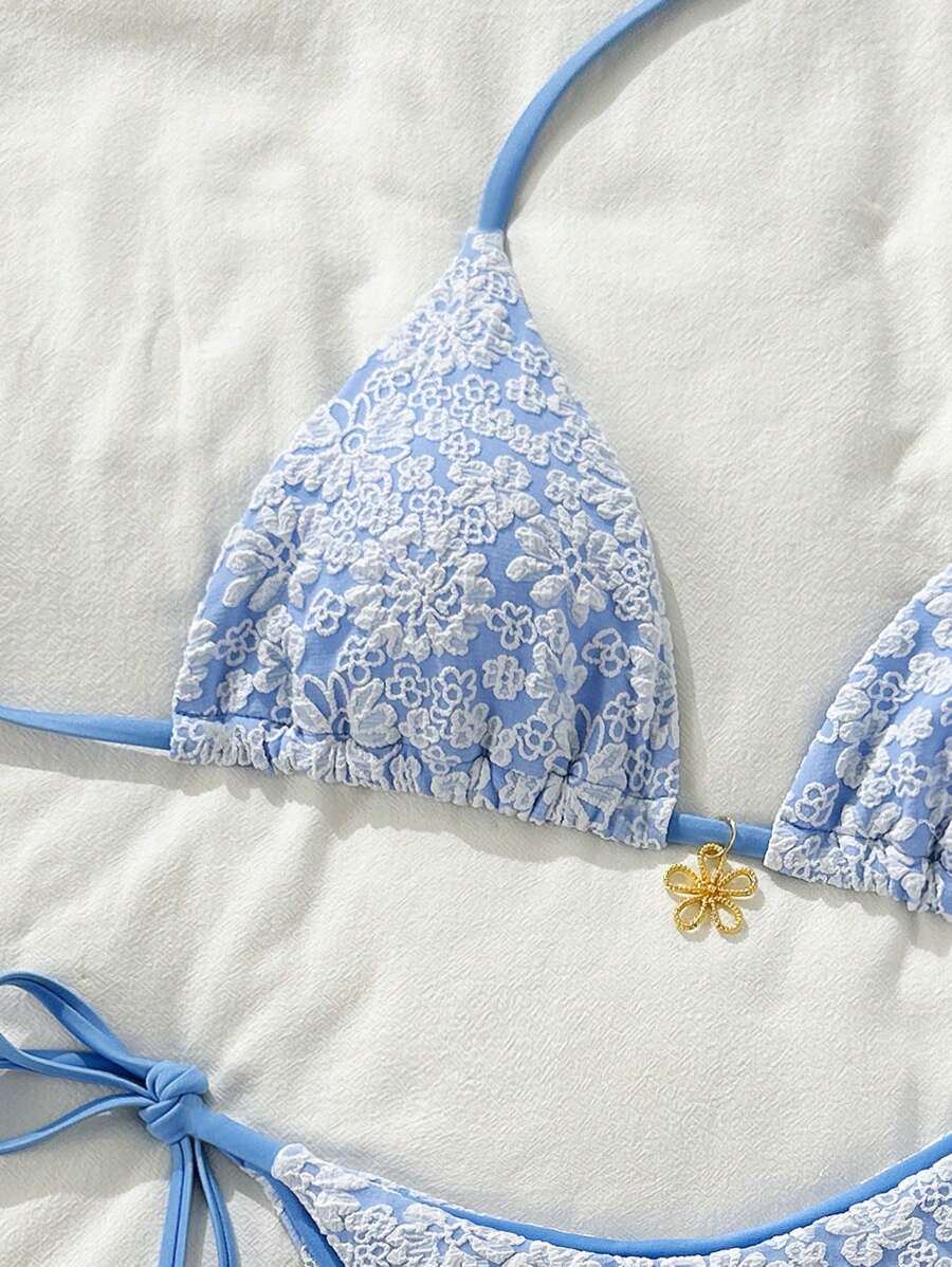 Altın Çiçek Desenli Üçgen Bikini Takımı