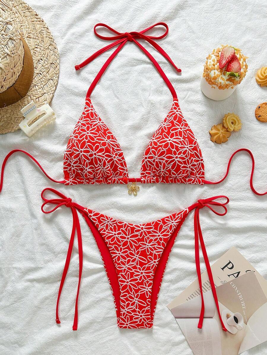Çiçek Desenli Boyundan Bağlamalı Bikini Ve Bağcıklı Bikini Altı Takımı