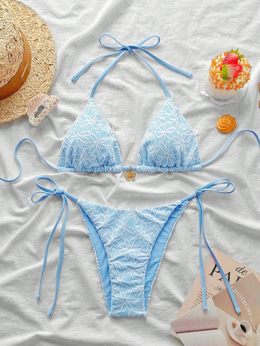 Çiçek Desenli Boyundan Bağlamalı Bikini Ve Bağcıklı Bikini Altı Takımı
