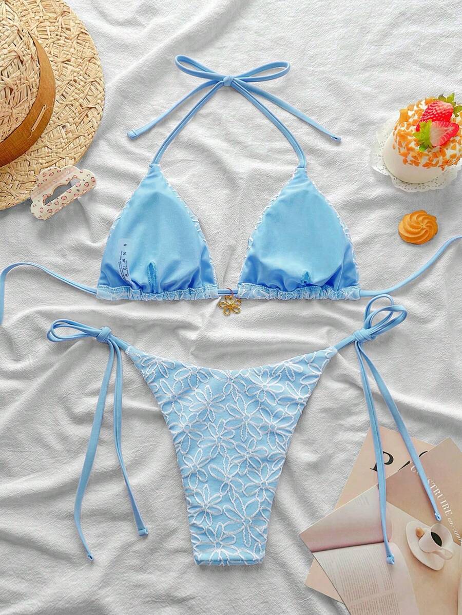 Çiçek Desenli Boyundan Bağlamalı Bikini Ve Bağcıklı Bikini Altı Takımı