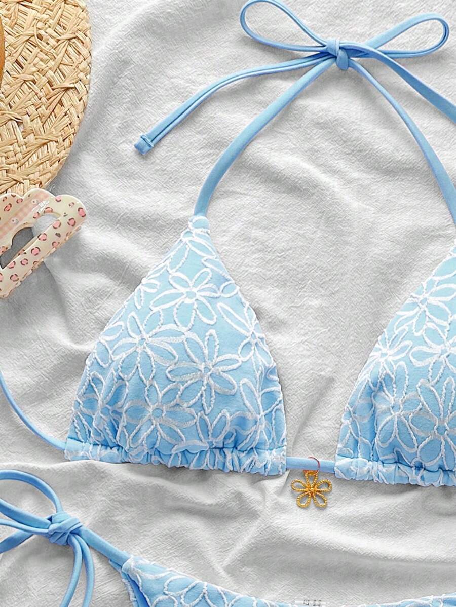 Çiçek Desenli Boyundan Bağlamalı Bikini Ve Bağcıklı Bikini Altı Takımı