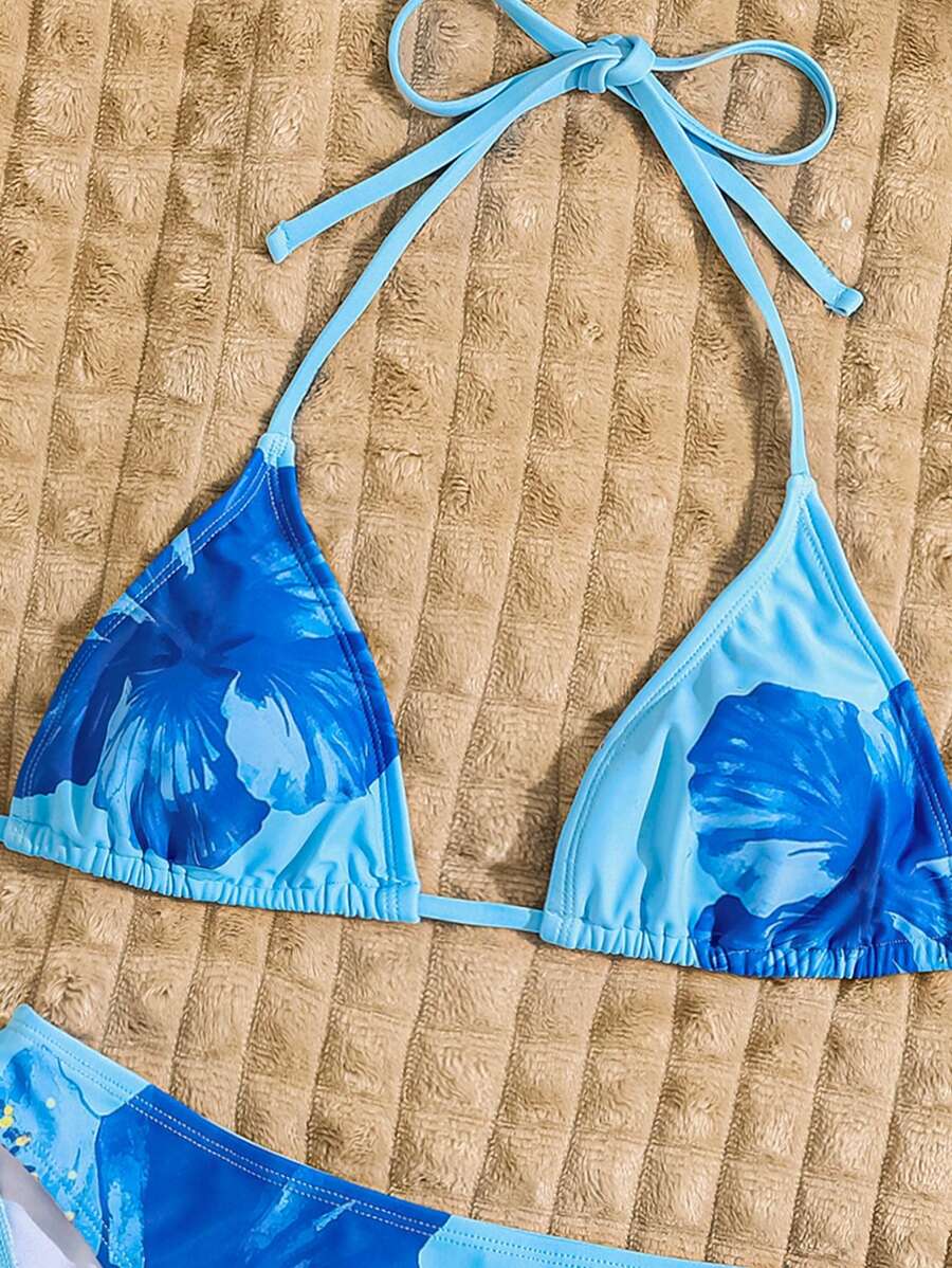 Çiçek Desenli Halter Bağcıklı Bikini Takımı