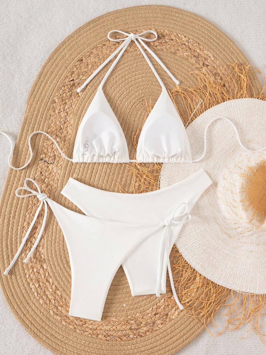 3 Parça Halter Üst + Üçgen Alt + Bağcıklı Şort Bikini Takımı