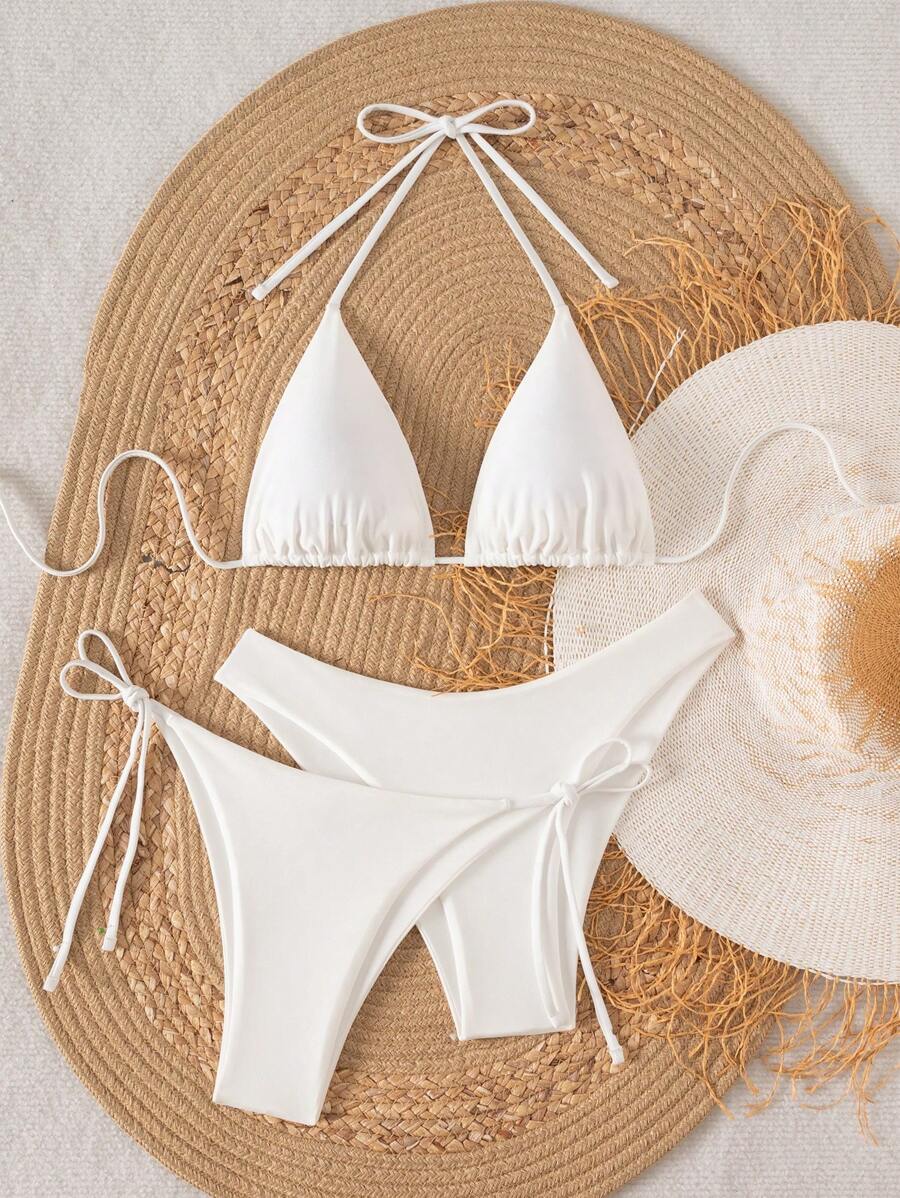 3 Parça Halter Üst + Üçgen Alt + Bağcıklı Şort Bikini Takımı
