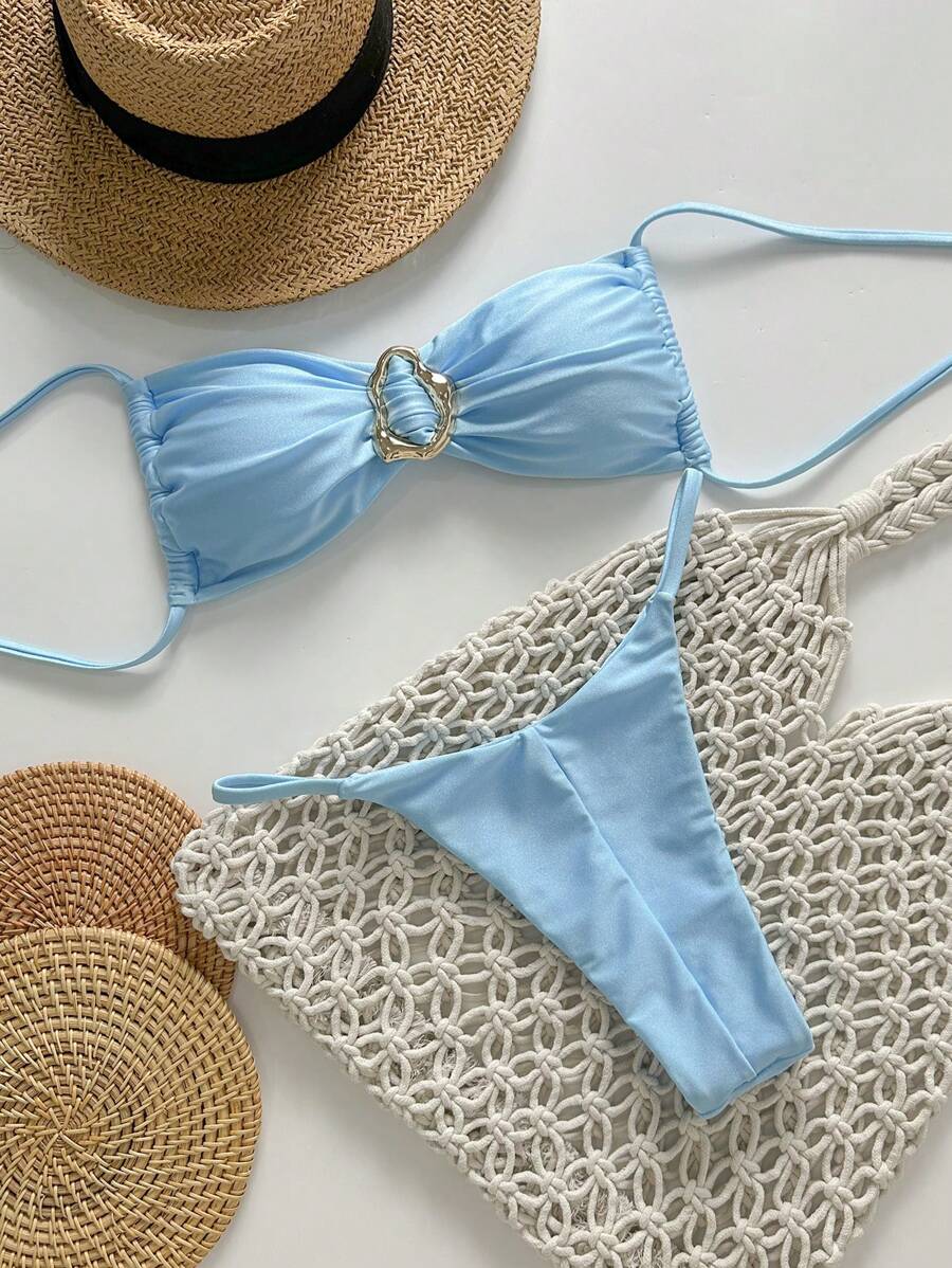 Pembe Straplez Bağcıklı Metal Detaylı Bikini Takımı