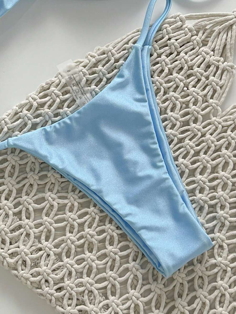 Pembe Straplez Bağcıklı Metal Detaylı Bikini Takımı