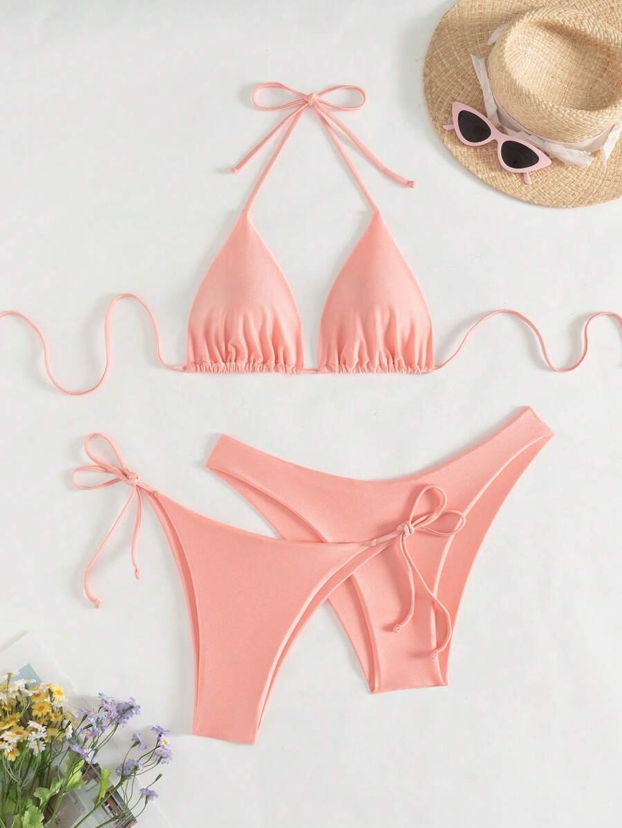 3 Parça Halter Üst + Üçgen Alt + Bağcıklı Şort Bikini Takımı