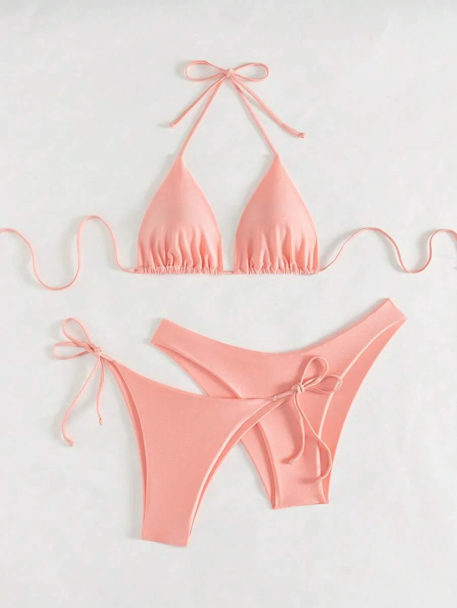 3 Parça Halter Üst + Üçgen Alt + Bağcıklı Şort Bikini Takımı