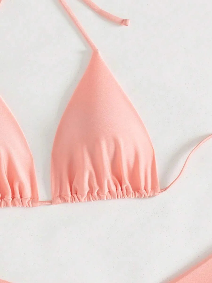 3 Parça Halter Üst + Üçgen Alt + Bağcıklı Şort Bikini Takımı
